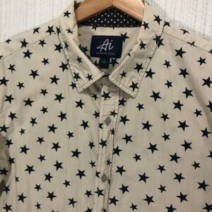 Authentic Icon Mens L Beige Black Star Print Button Up Long‎ Sleeve Shirt